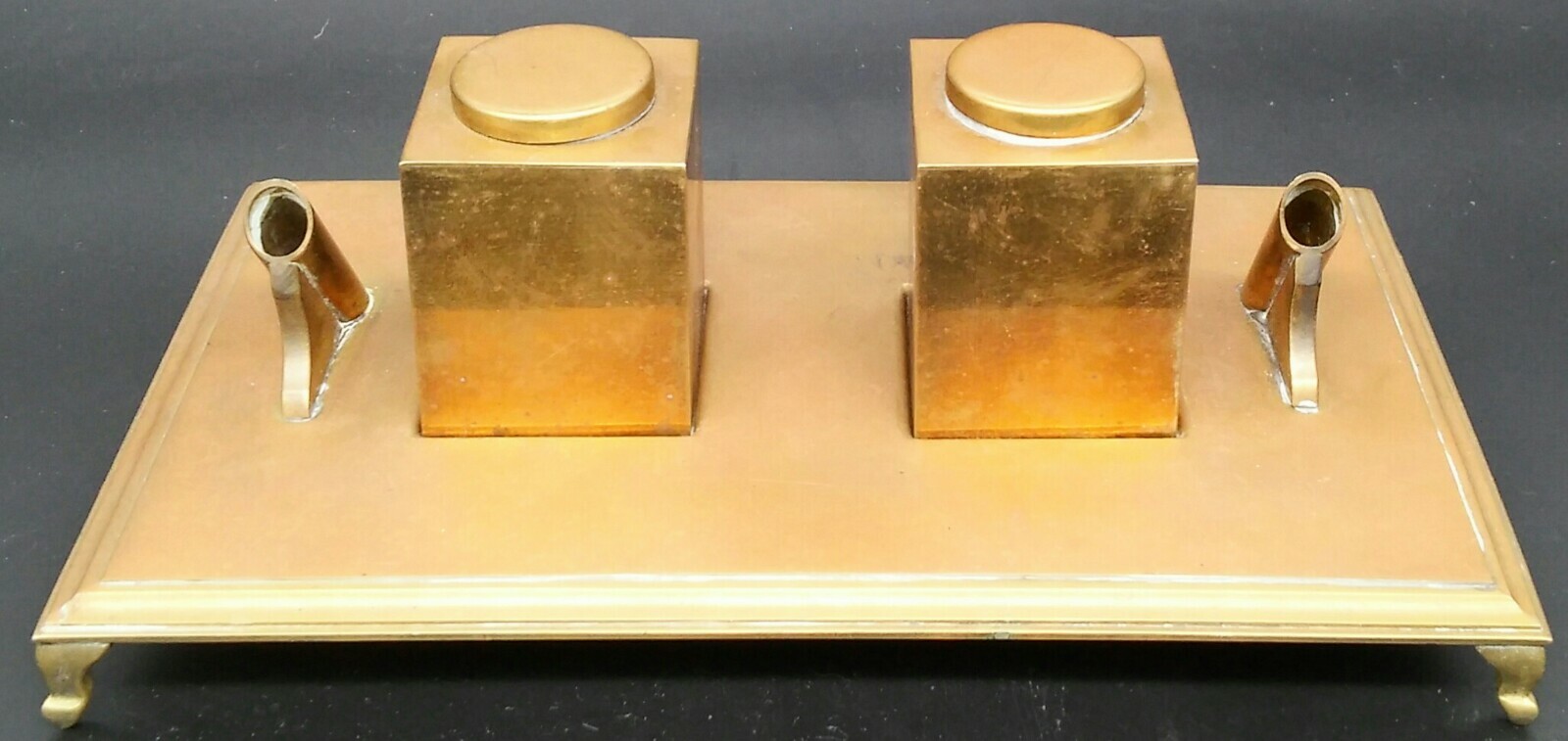 MID CENT. BRASS DUAL FOUNTAIN PEN INKWELL BY SARREID LTD ITALY-LOOK !