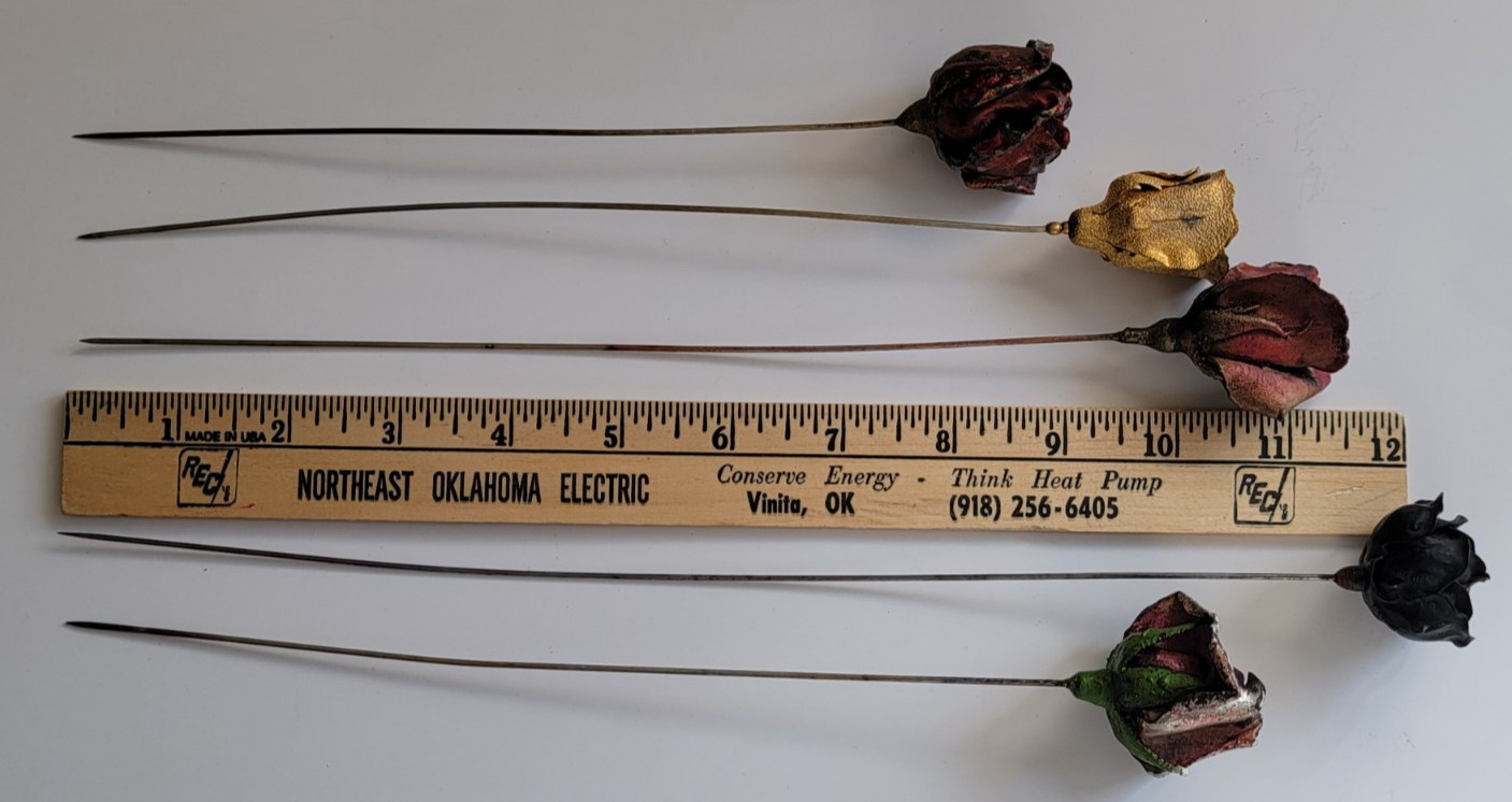 5 ROSE HATPINS Delamothe, Black DEPOSE Metal, Gold Plate w Center Stone & Holder