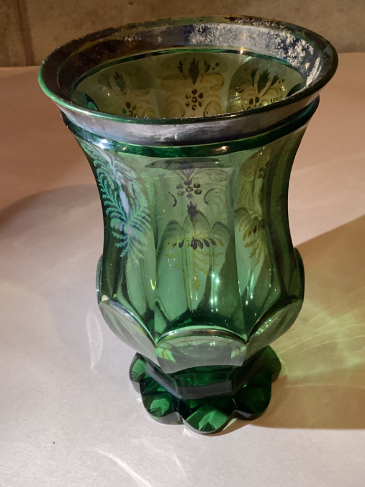 1800-1850 Bohemian Czech Green, Lavender, Gold Glass Lendl Estate 5..50” Tall