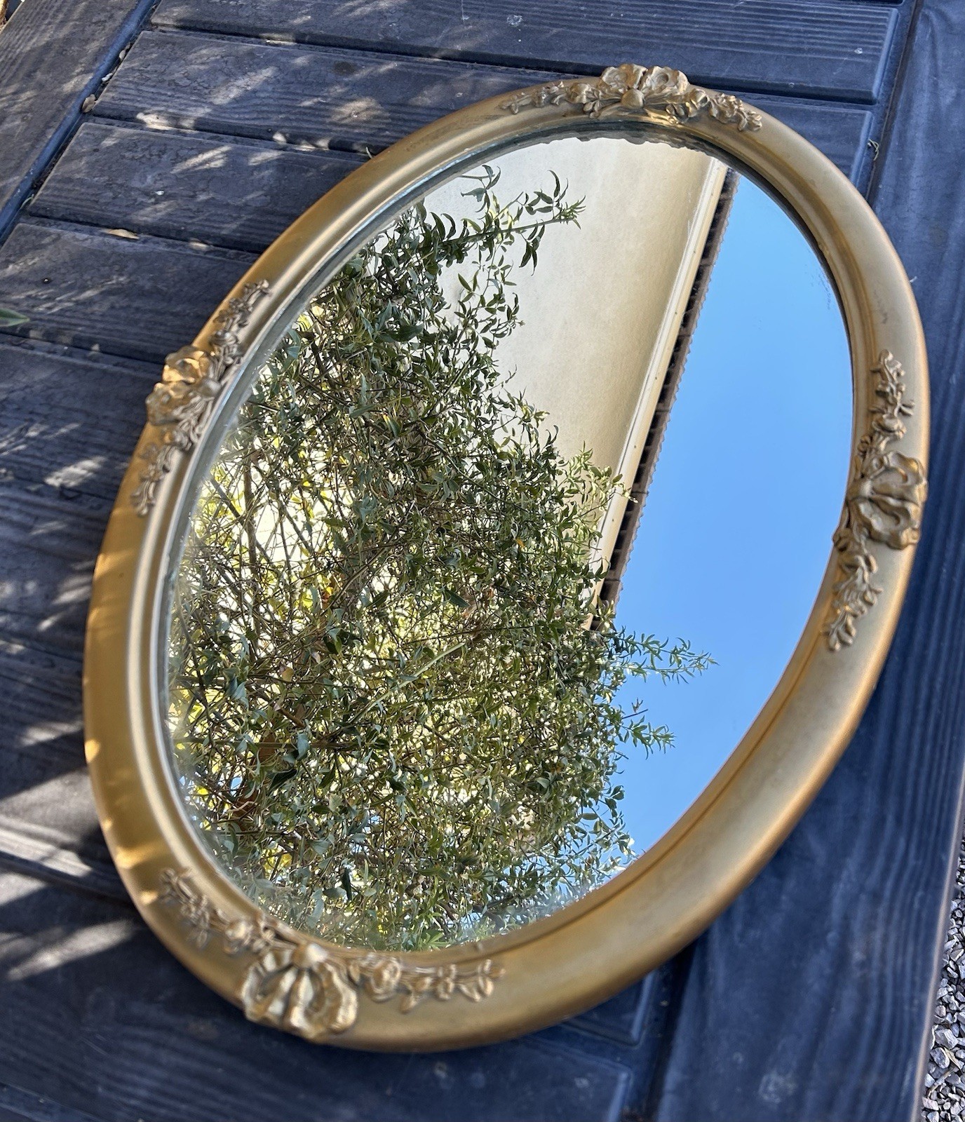 Antique Gold-Tone Mirror with Floral Carved Frame Wood