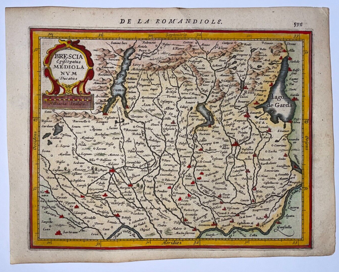 BRESCIA LAKES ITALY 1614 MERCATOR HONDIUS ATLAS MINOR NICE ANTIQUE MAP