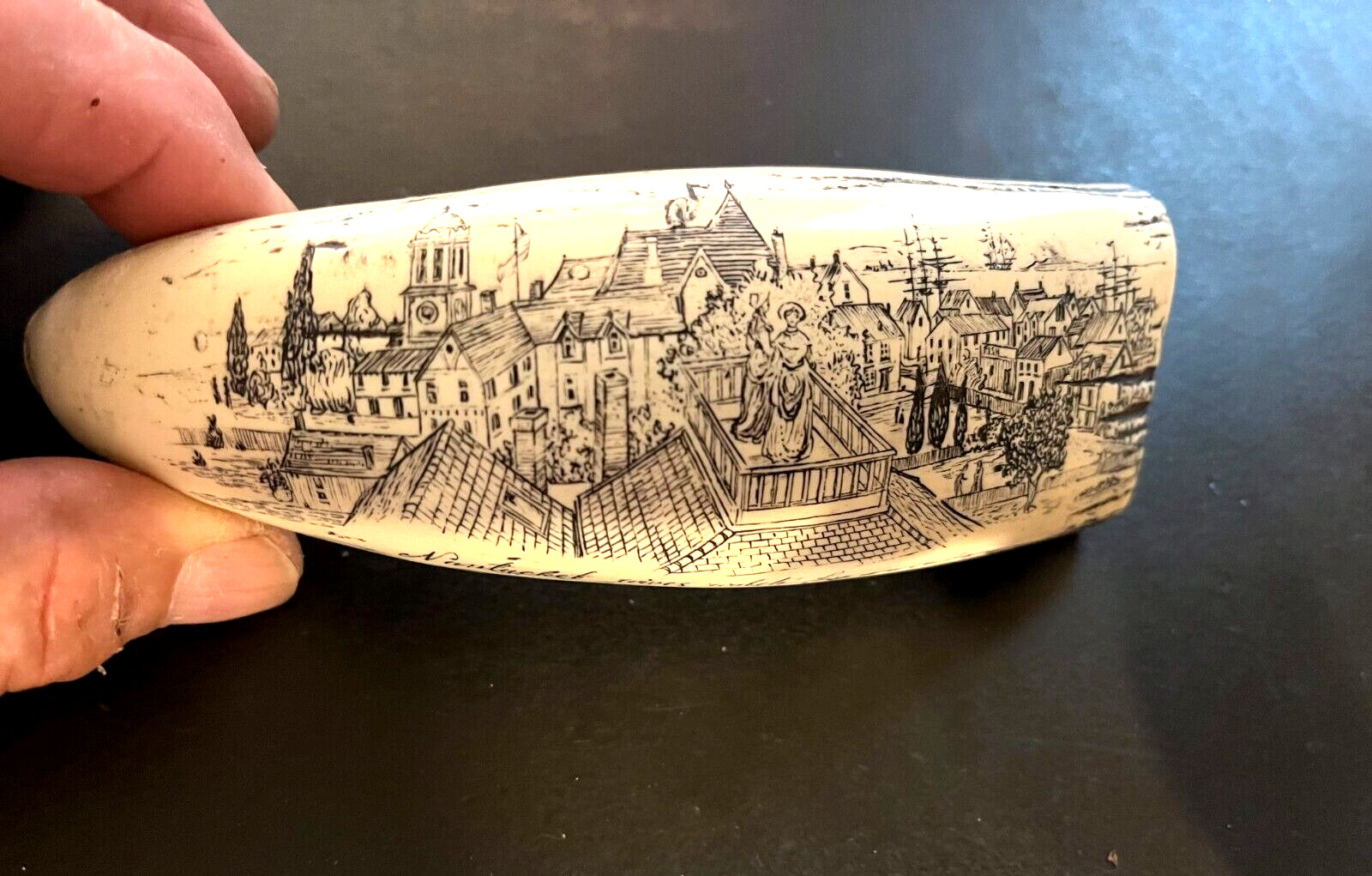 NEW !! Scrimshaw whale tooth resin REPLICA “NANTUCKET WIVES” 6″ long 7″ on curve