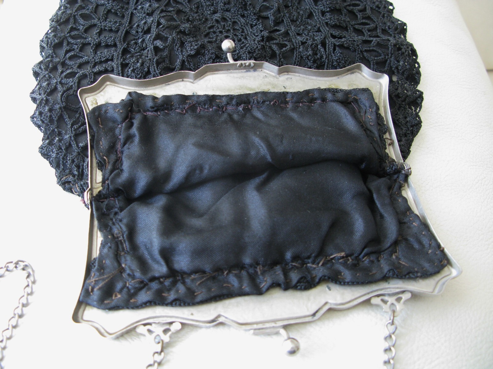 Antique Silver Lucite Marble Frame Black Crochet Tassel Large Purse