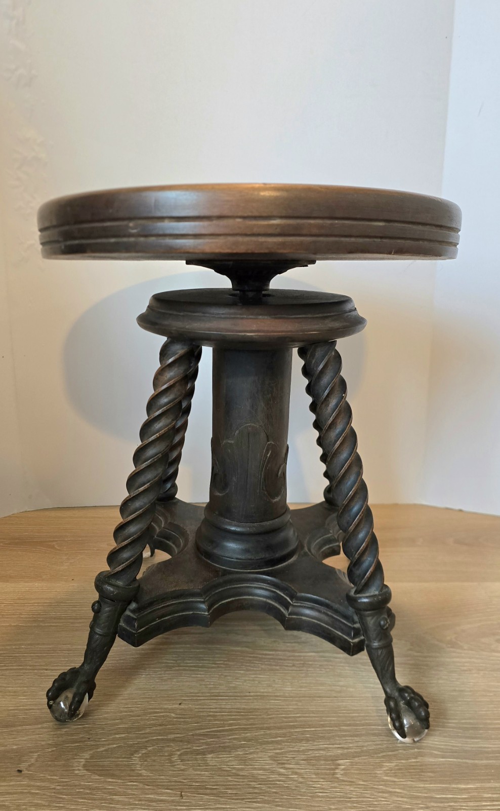 DWN•Vintage Antique TONK Wood Piano Stool Adjustable Height Claw Glass Feet
