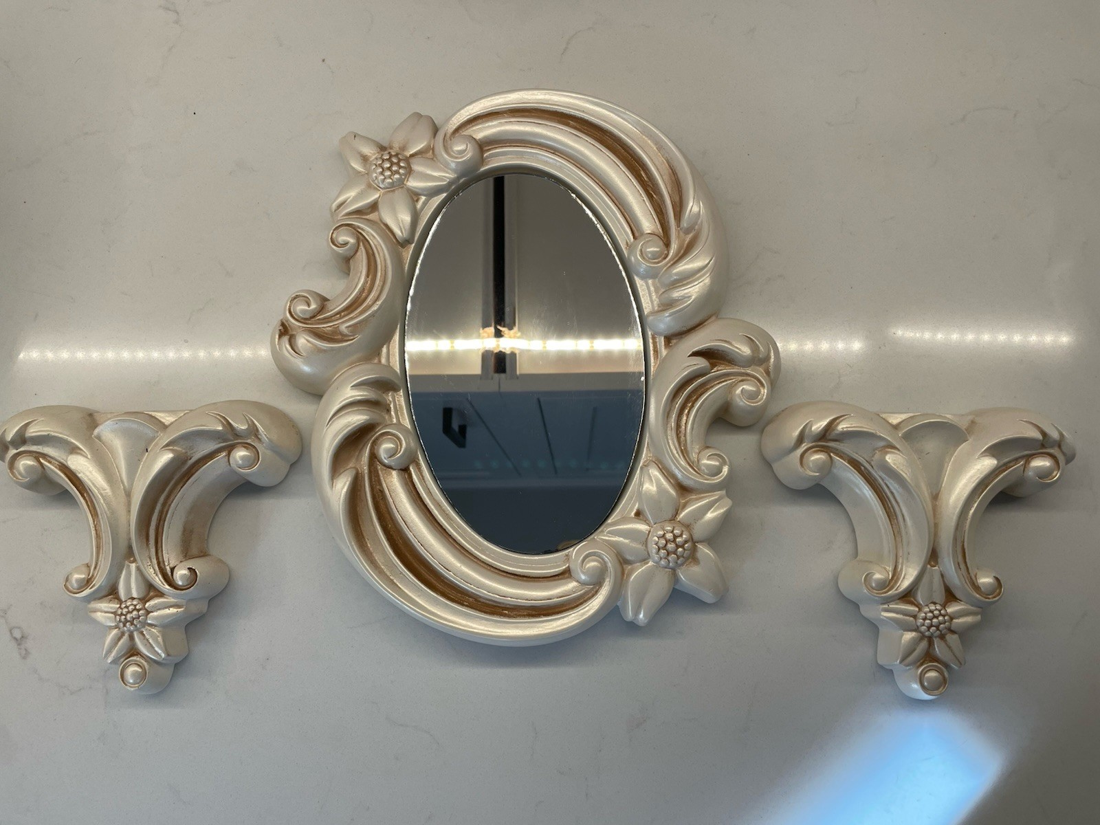 VTG Mirror & Sconce Set MCM 1967 Miller Studio Ornate Regency Floral Chalkware