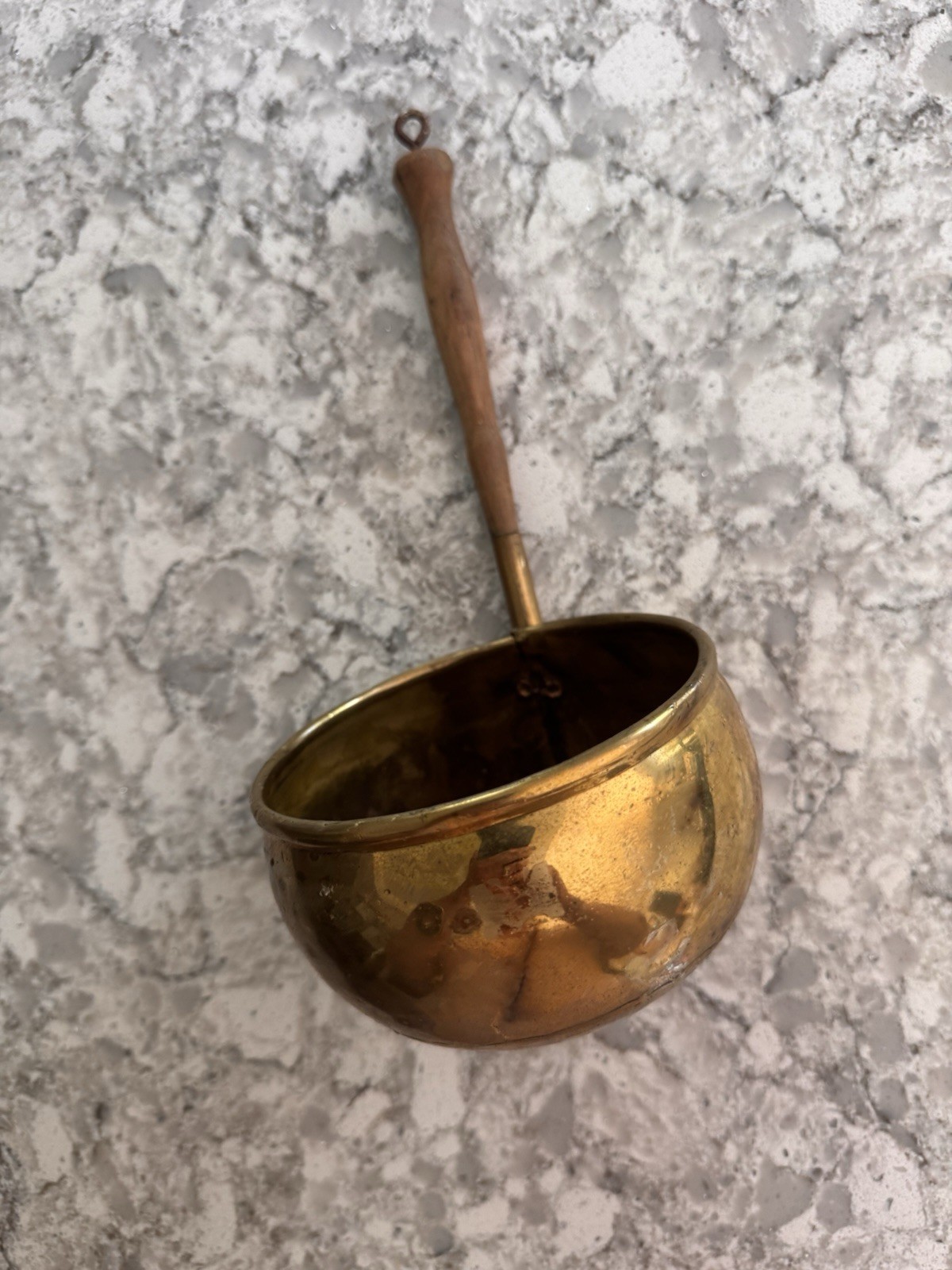 Antique Dutch Hand Hammered Brass Hearth Ladle Dovetail Seam Dipper Wood Handle