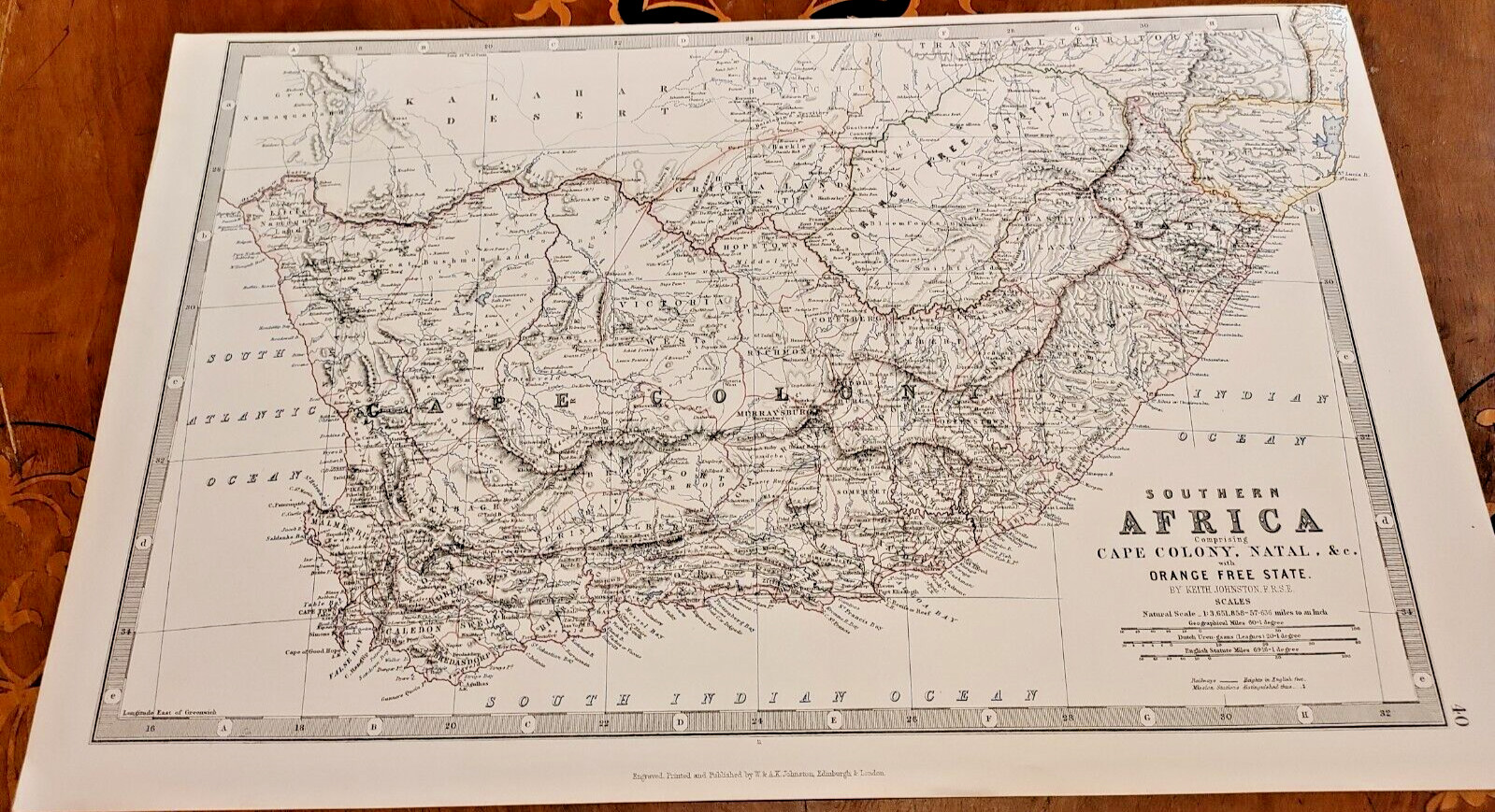 1861 Hand Coloured Map Johnston’s Atlas Southern Africa Cape Colony Natal Orange