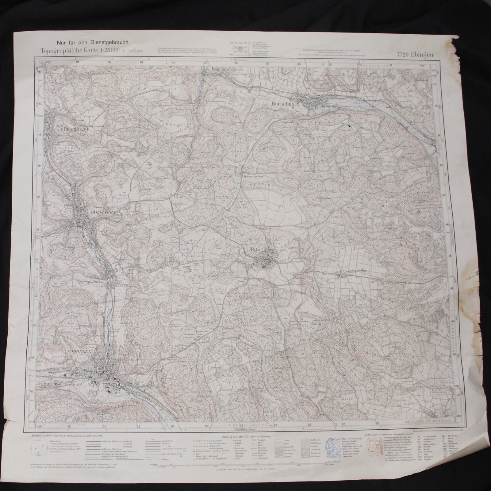 Ebinger Germany 1934 Geological Topographic Map 22.5″ x 22″ 57cm x 55cm