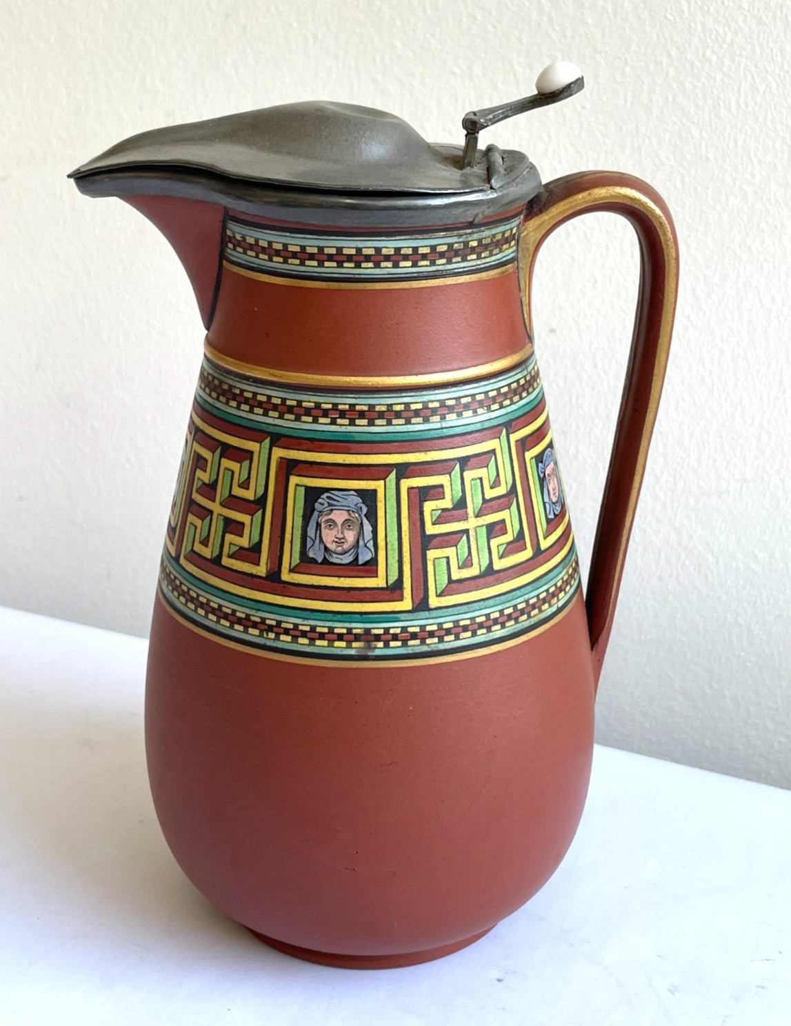 Beautiful antique 19thC F &R Pratt Prattware jug terracotta lidded key pattern