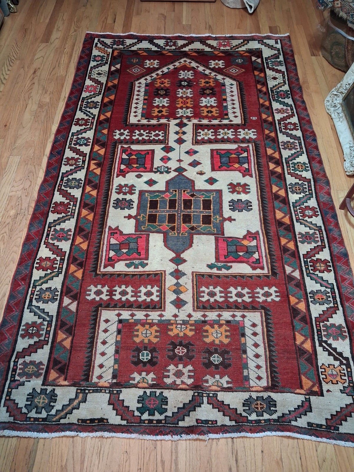 -4’5×7’6- Vintage Hand-Knotted Wool Area Rug (Caucasian/Kazak?)
