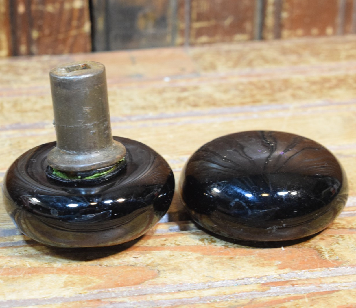 PORCELAIN KNOB 2″ METAL BRASS 1/4″ SQUARE 2PC LOT WOOD WORKER JIG MAKING BLACK