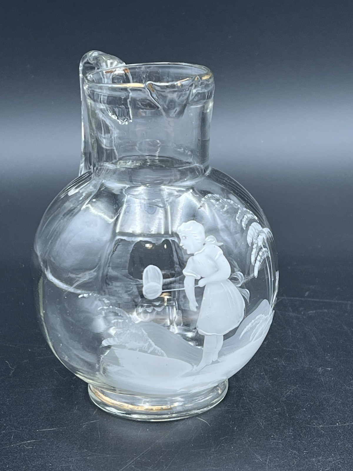 Mary Gregory Clear Glass Melon Pitcher Hand Painted Girl Butterfly Net Pontil