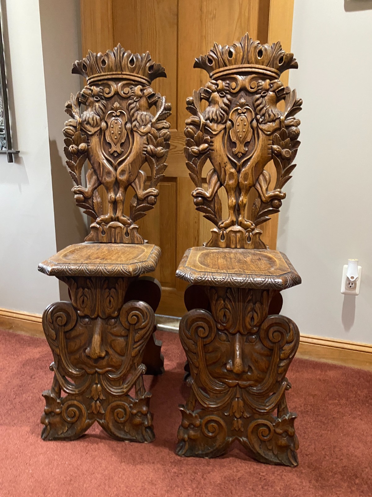 19th Century Italian Renaissance Carved Oak Sgabello High-Back Chairs – Set of 2