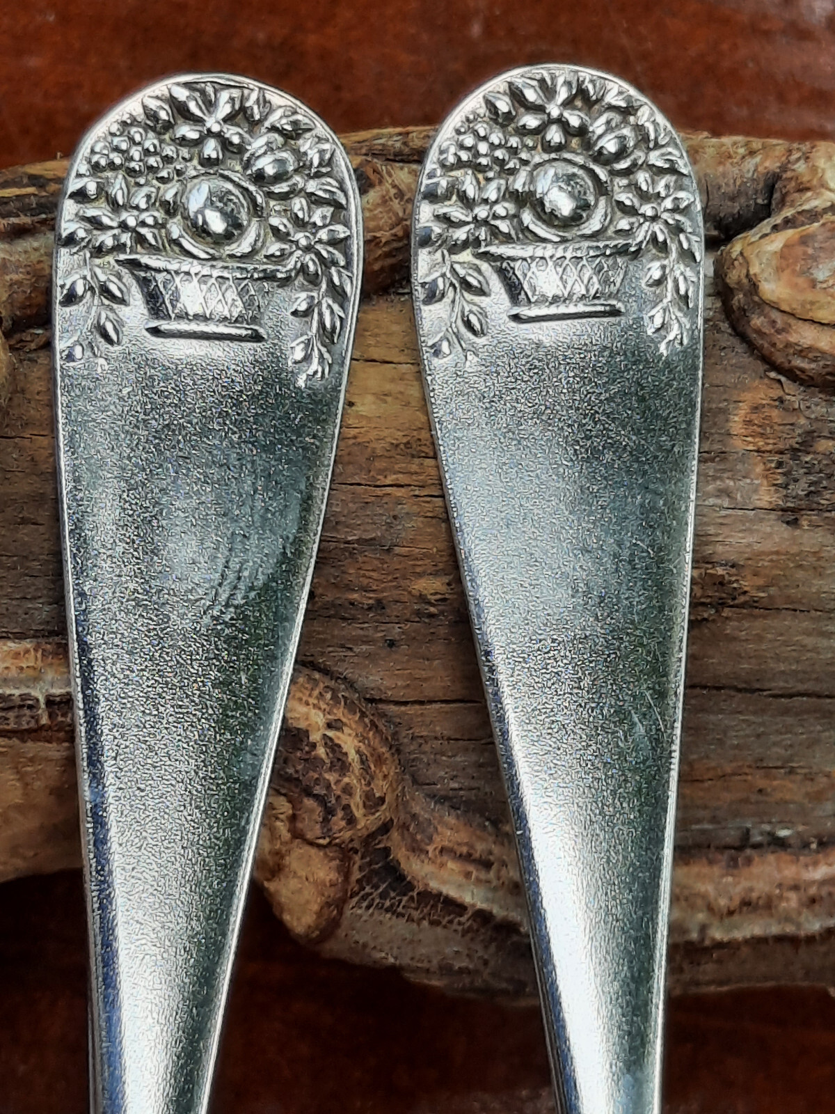 Sterling Silver Pair Durgin Basket of Flowers Demitasse Spoons, No Mono