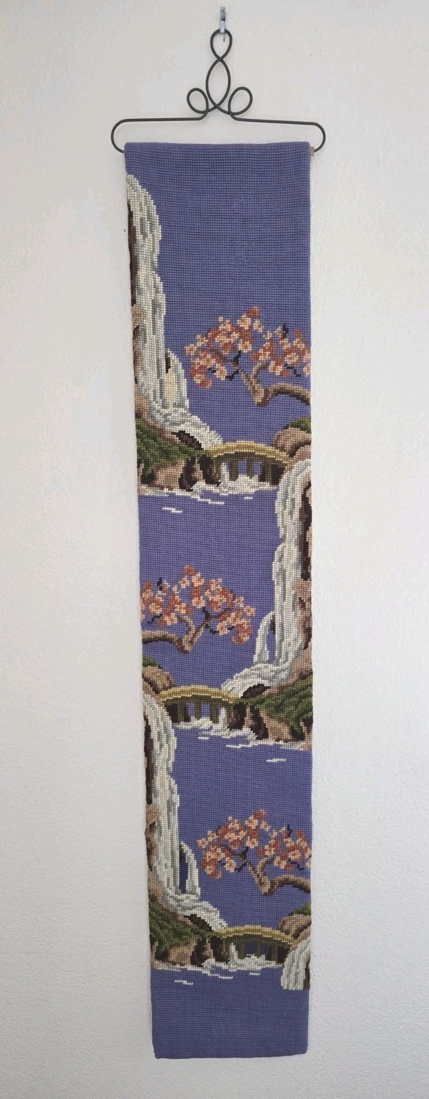 Needlepoint Tapestry Japanese Bell Pull -Cherry Blossoms – Waterfalls Bridges