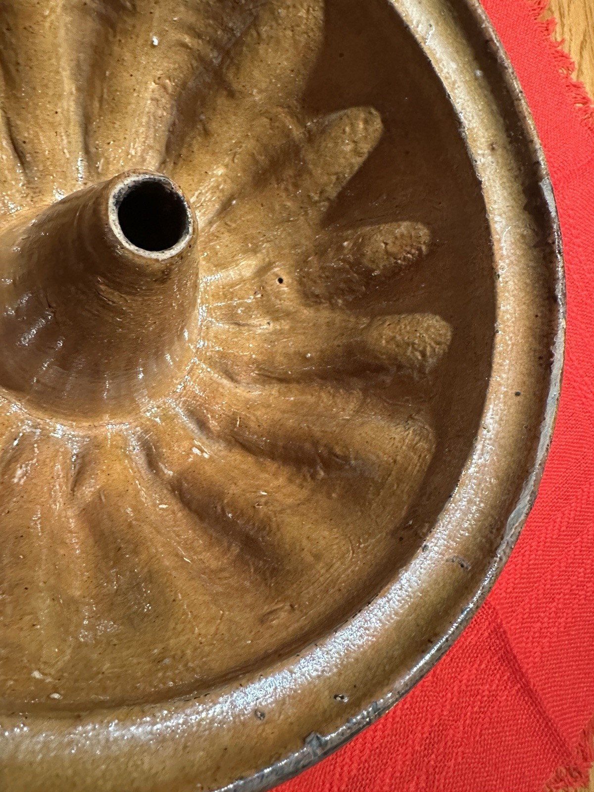 ANTIQUE LARGE GUGELHUPF FLUTED HEAVY GLAZED EARTHENWARE PAN FROM 1800’S