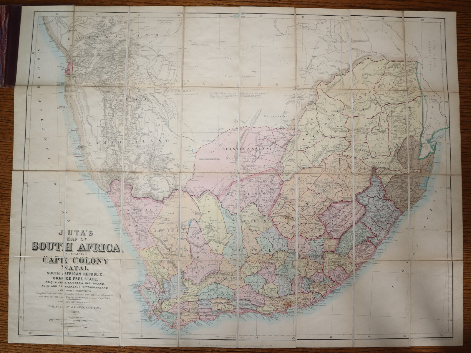 1885 Juta’s Map of South AFRICA Cape Colony Natal Zululand Large Folding Colour