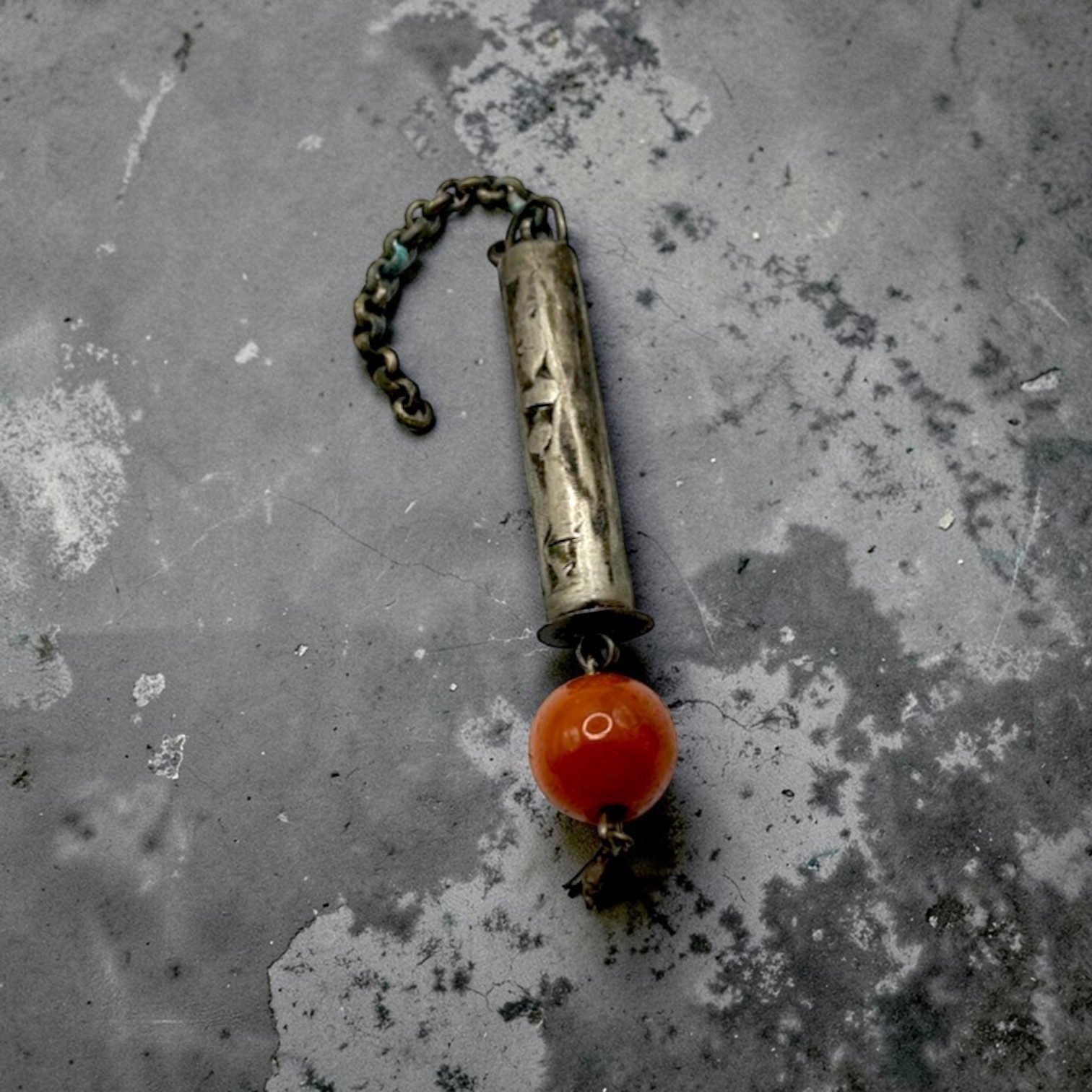 Tibetan or Mongolian Needle Case & Carnelian Bead Dangle Chatelaine 19c Antique