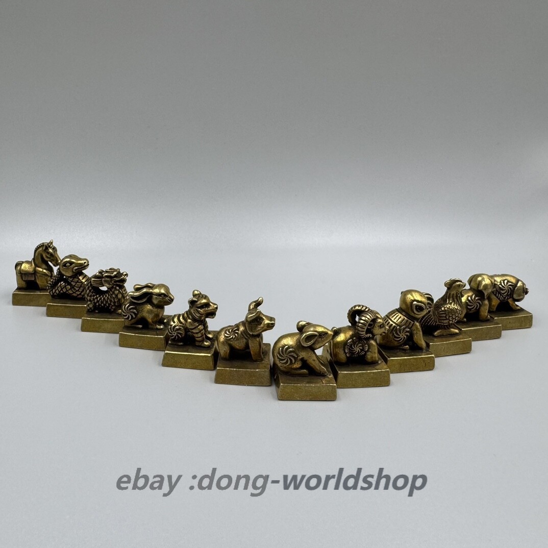 12PCS Collect Chinese Solid Brass Fengshui 12 Zodiac Animal Seal Signet Set