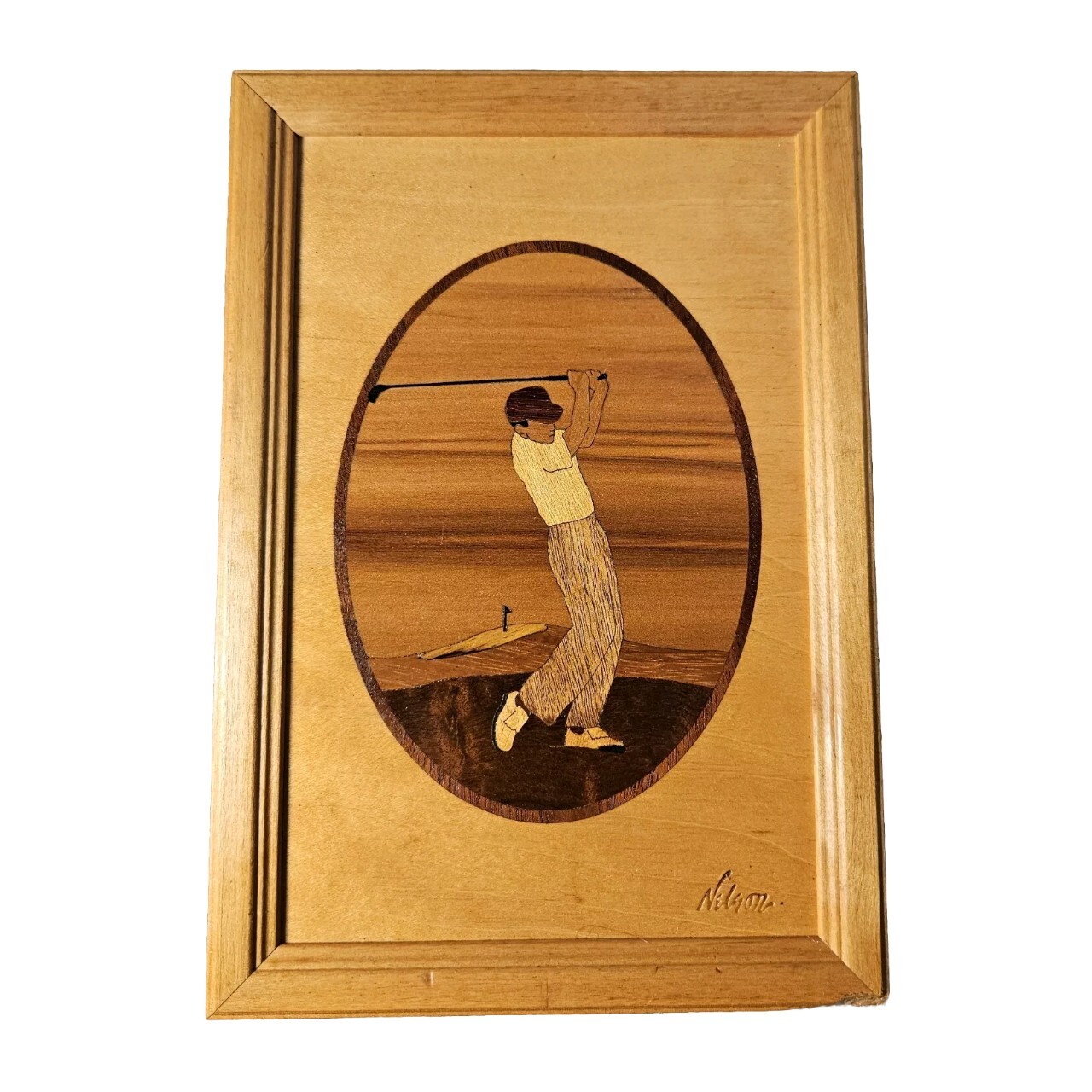 HUDSON RIVER INLAY- MAN DRIVER – GOLF WOOD MARQUETRY by 7 x 10 Signed Nelson 21