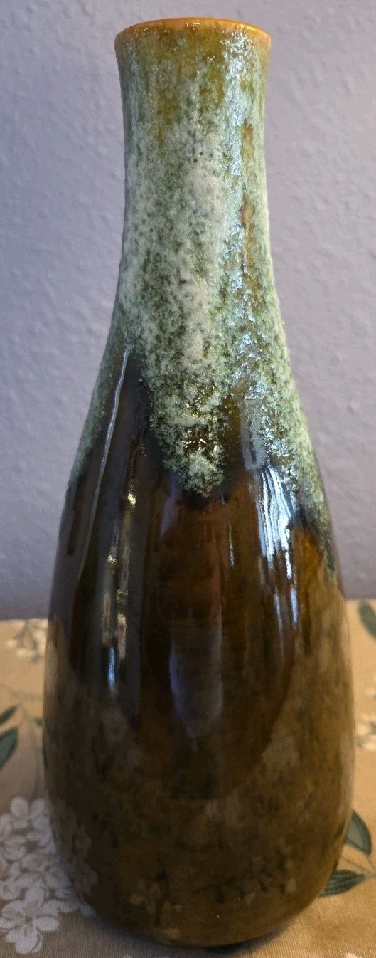 Vintage Glazed Pottery Vase Embossed And Hallmarked Piece Brown Body,Teal Neck