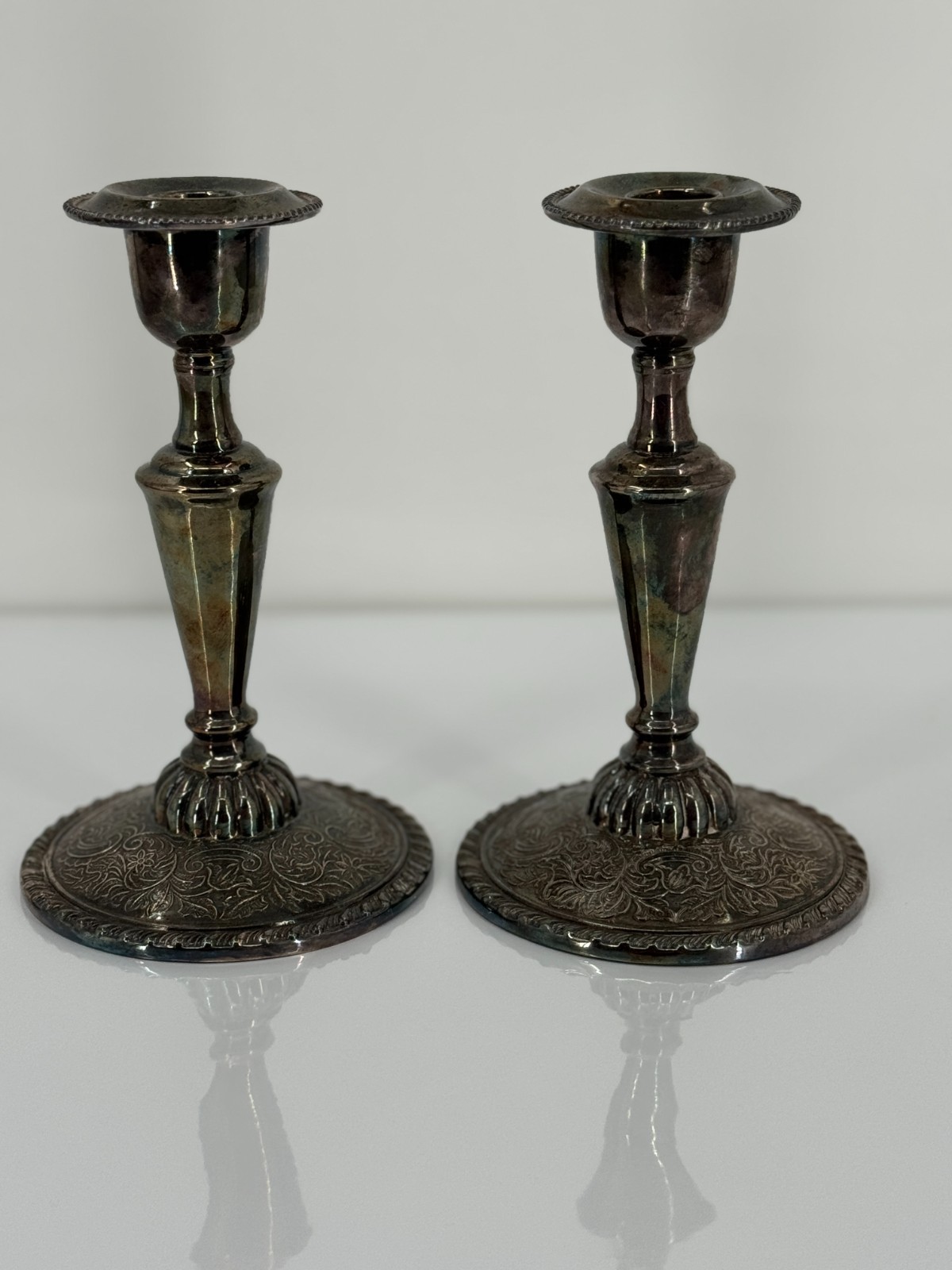 Vintage Rogers Silverplate Candlesticks Pair Made Canada Ornate Floral Base