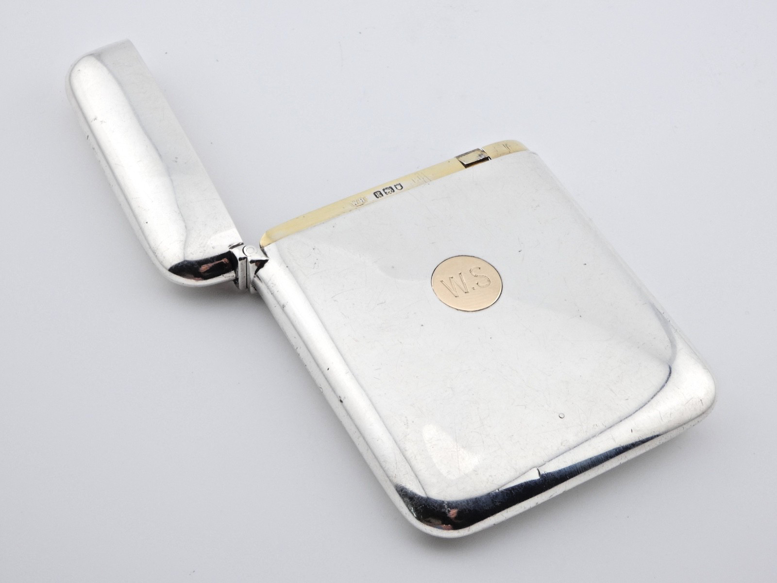 ANTIQUE EDWARDIAN SOLID STERLING SILVER & GOLD PUSH BUTTON CIGARETTE CARD CASE