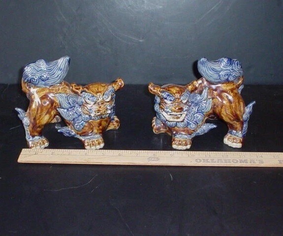 Vintage Blue Brown Foo Dogs Crouching Shishi Lion Glazed Pottery Good Luck