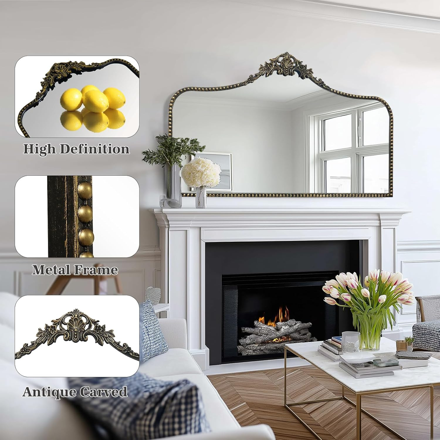 Vintage Baroque Mirror 48″X30″, Victorian Antique Mirror with Black Brush Gold O