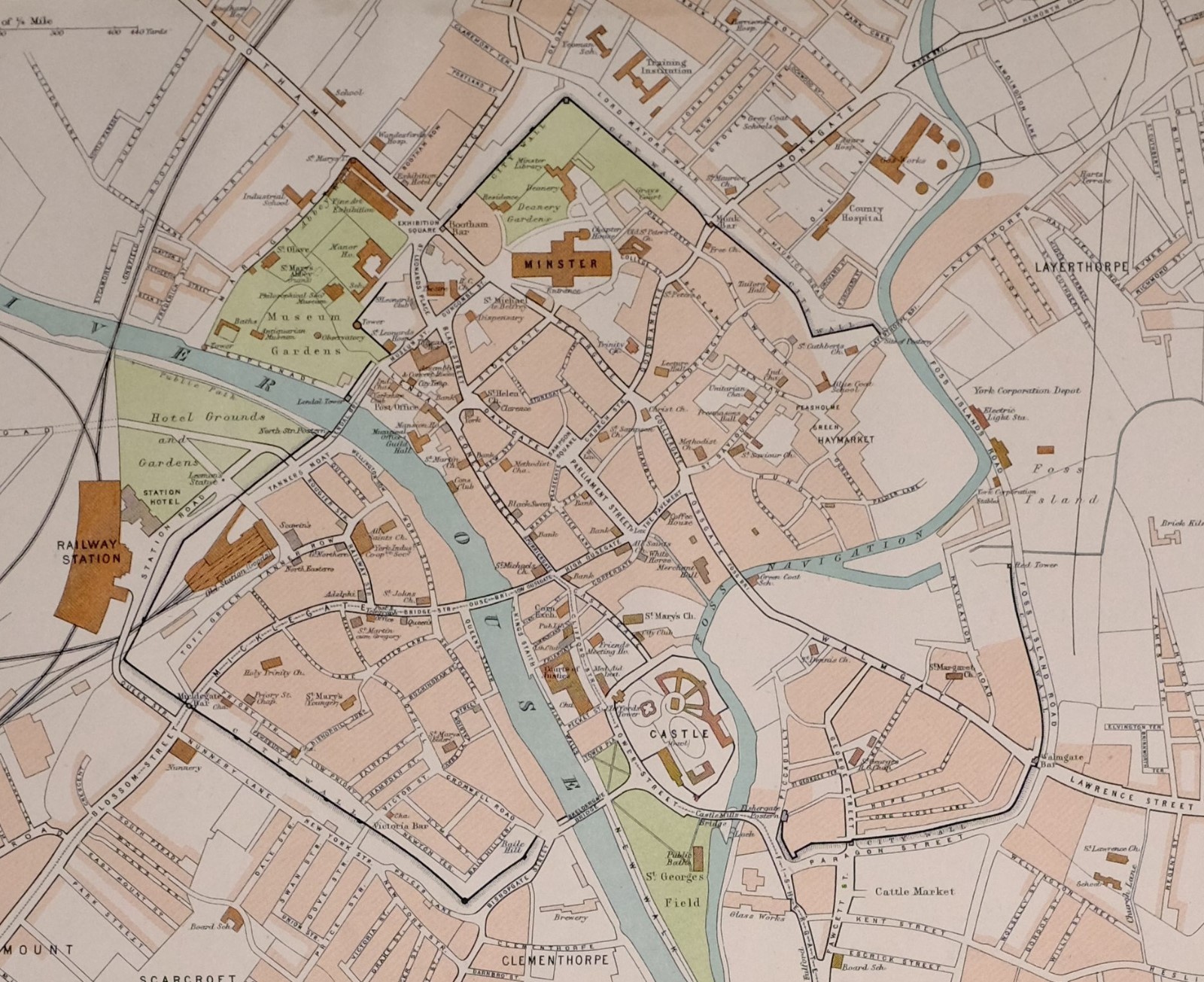 1897 VICTORIAN ANTIQUE MAP YORK PLAN CASTLE MINSTER RAILWAY STATION GAS WORKS
