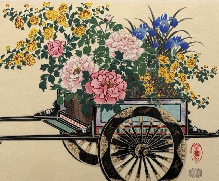 Japanese Original Flower Cart Woodblock Print, Cultural Fine Art Decor Gifts
