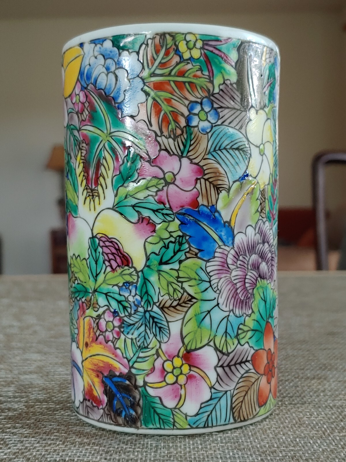 民国手绘粉彩瓷器百花不露地笔筒 Antique China Famille Rose Porcelain Painted Full Flower Art Pot