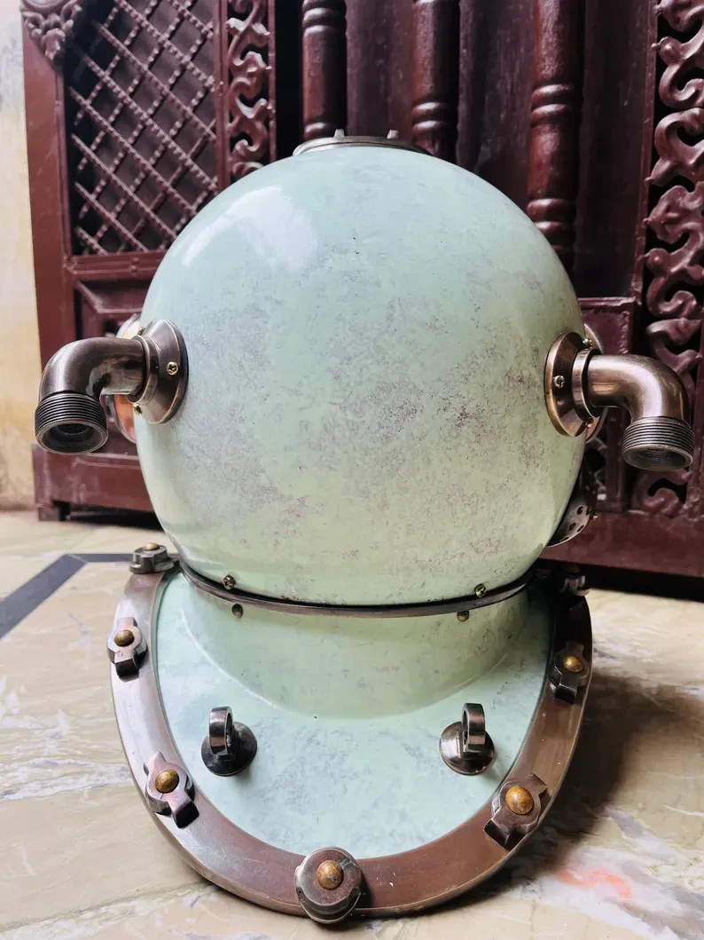 18” Antique Green Patina U.S. Navy Mark V Diving Helmet – Vintage Nautical Mari