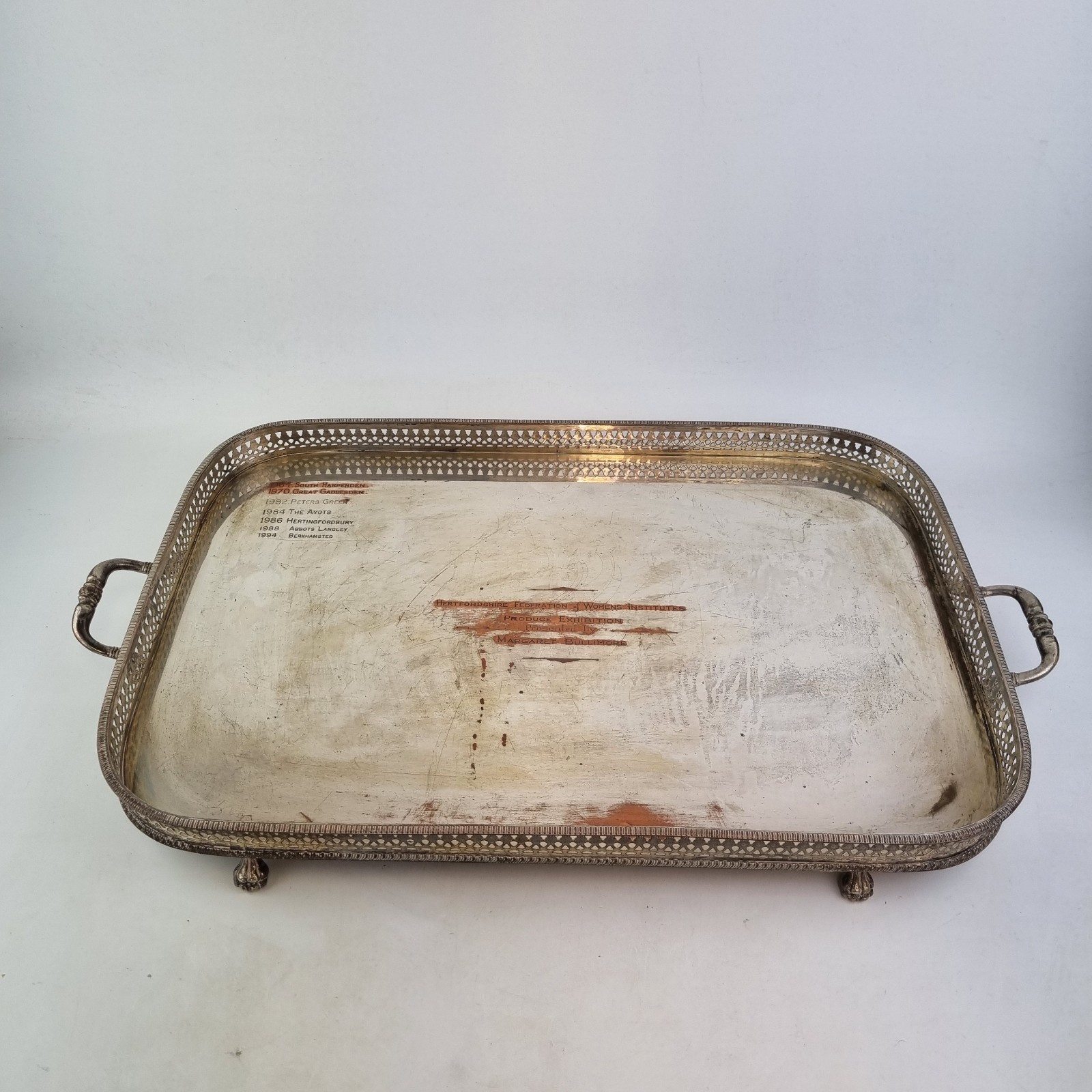 Vintage Silver Plated Galleried Tray 55cm “Hertfordshire Women’s Institute”