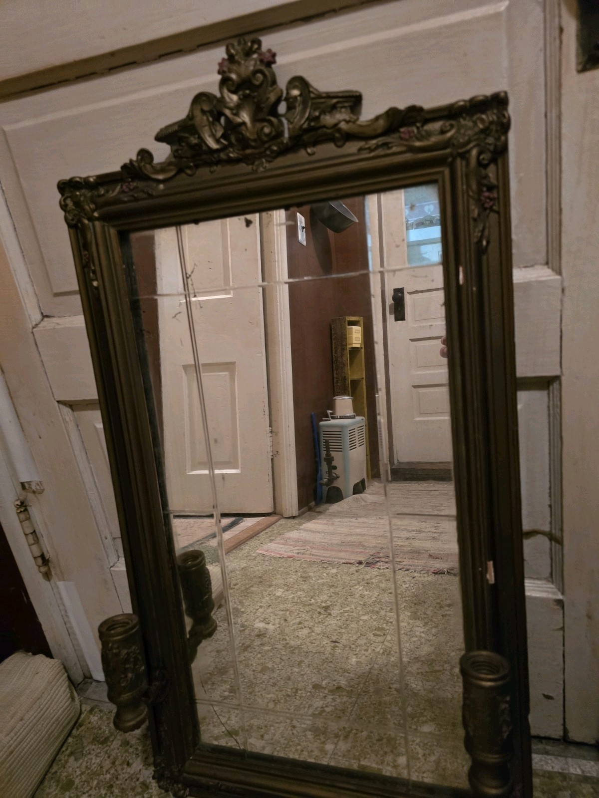 ANTIQUE 33IN TALL WOOD/GESSO SILVERED MIRROR W BUILT-IN CANDLE HOLDERS