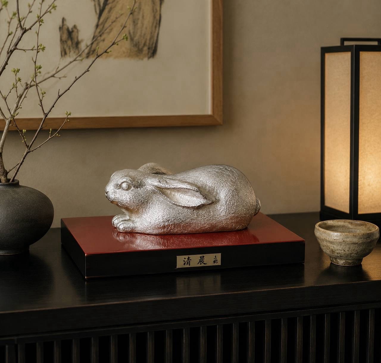 Rare vintage bronze sculpture of a rabbit by Naoki Tominaga – “Clear Morning”