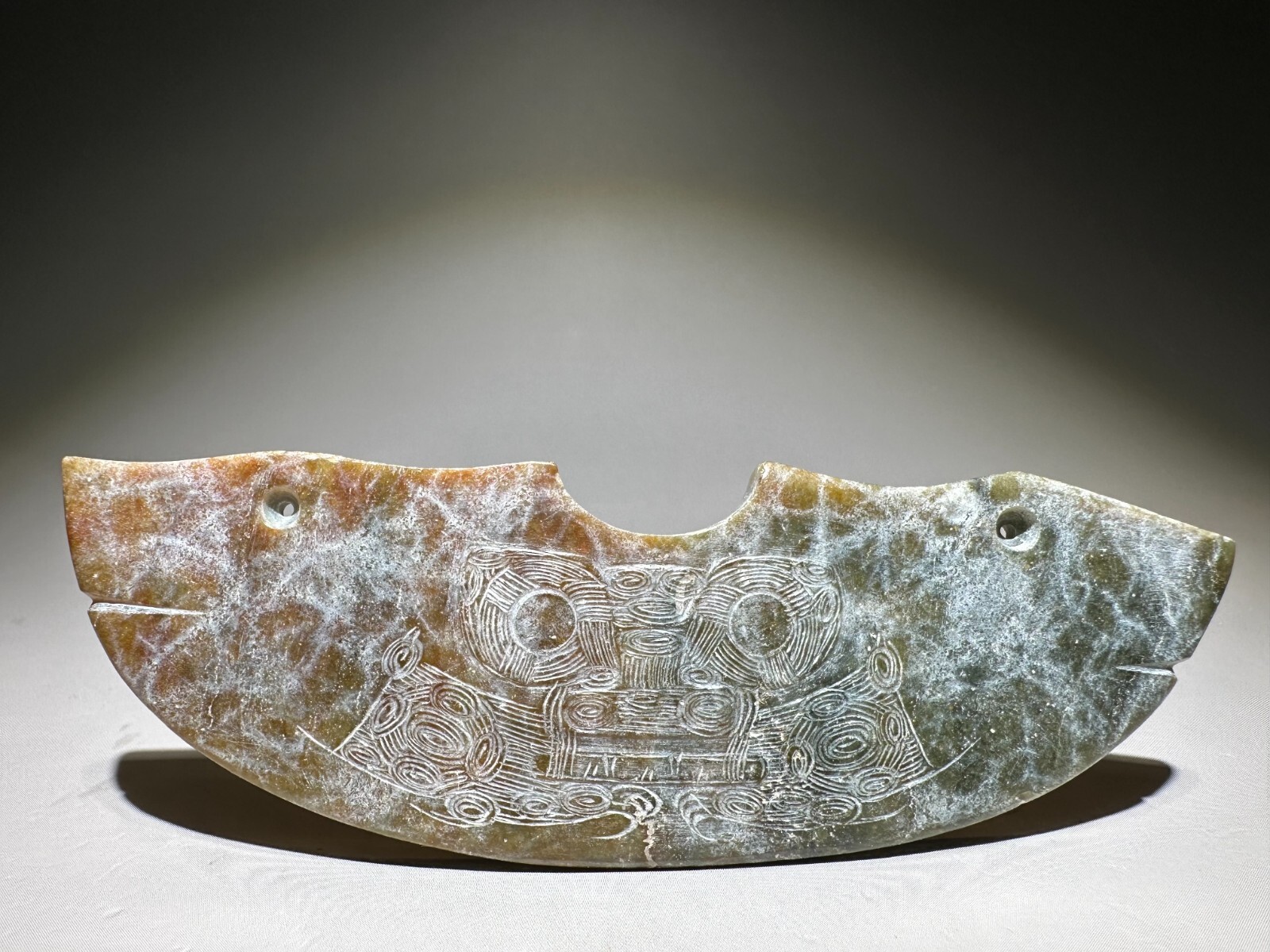 “Liang Zhu” Culture Old Jade Carved Animal Face Design “Pei” Pendant L 11.0 cm