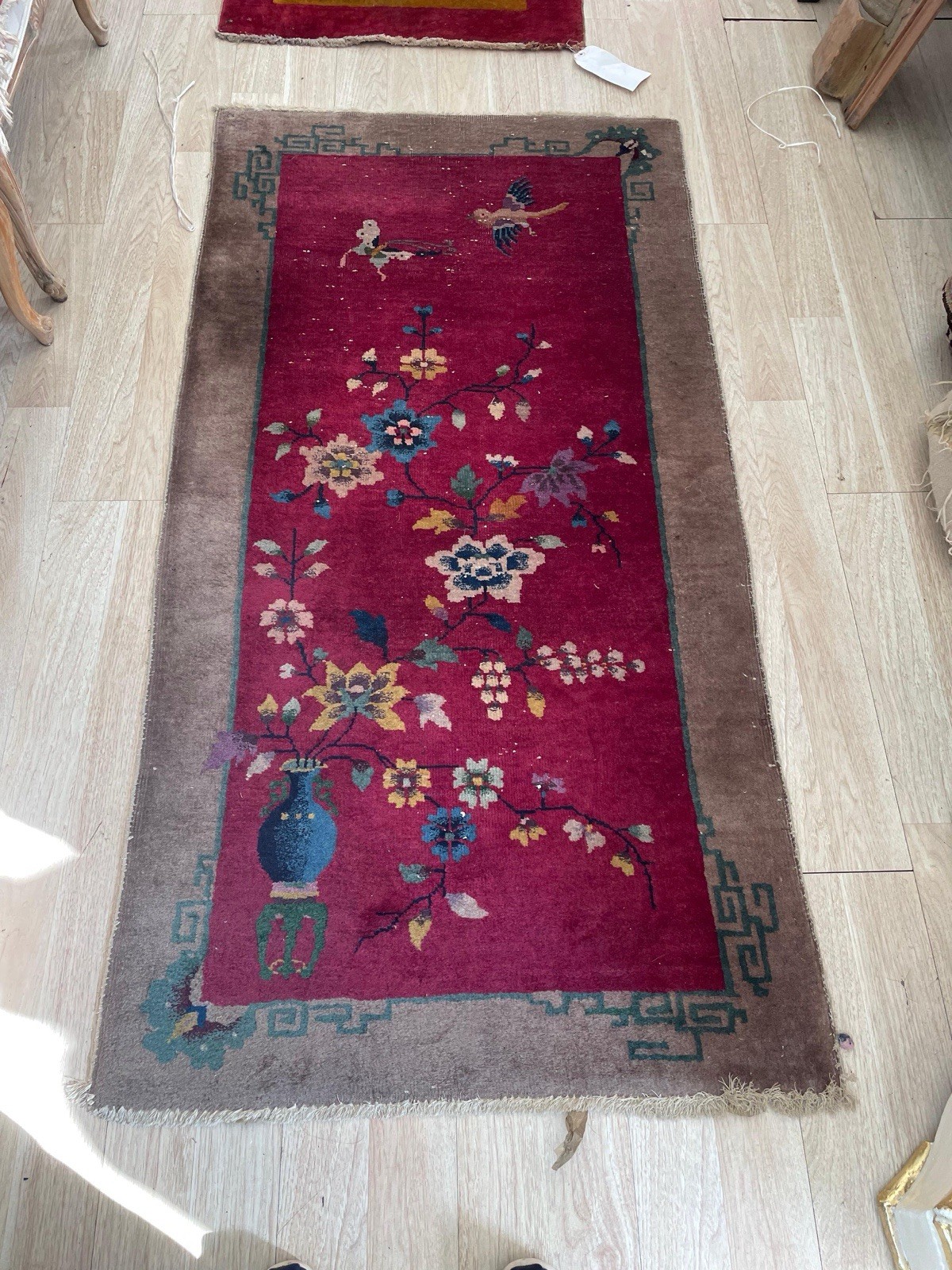 Antique 1920s Chinese Art Deco Rug 3×6 | Crimson Red Pictorial Vase Birds Floral