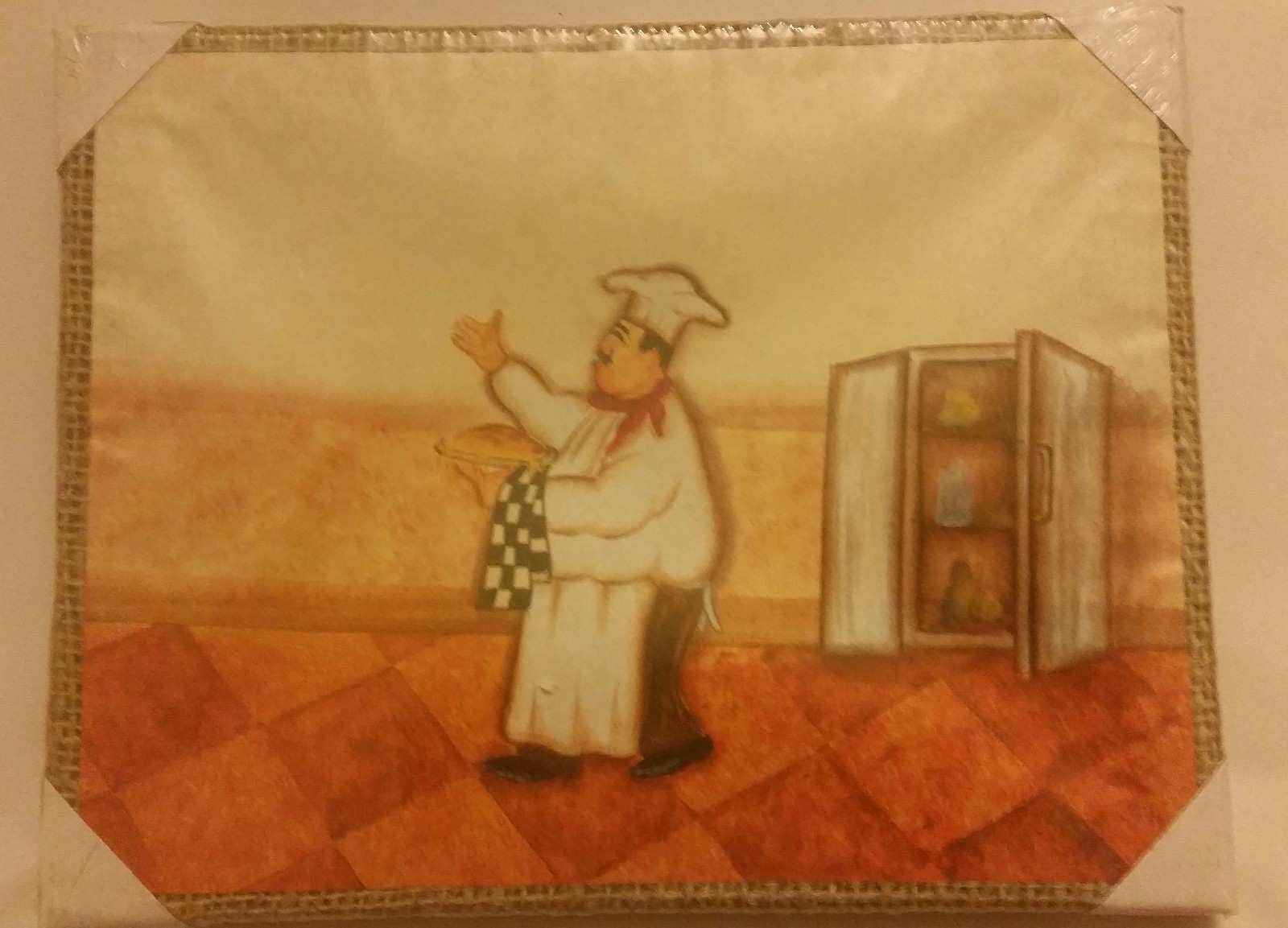 1 WALL DECOR on BURLAP, similar to CANVAS, 9.5″ x 7.5″, FAT CHEF WITH PLATE