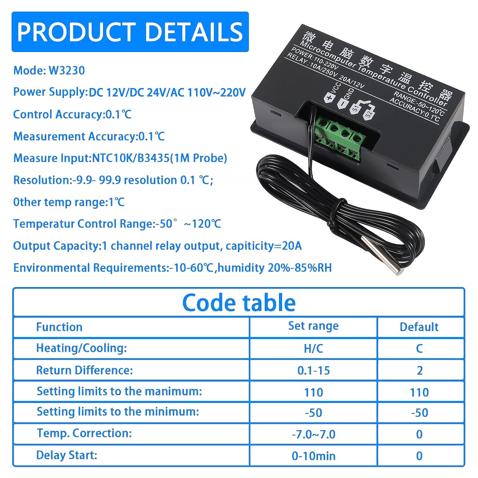 2pcs Digital Temperature Controller W3230 Digital LED Thermostat Switch with Wat
