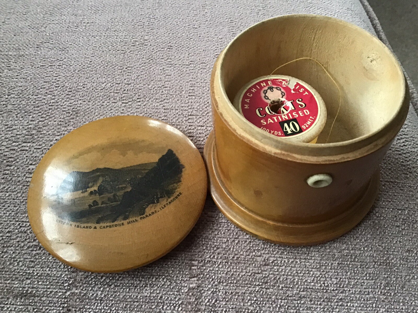 Mauchline Transfer Ware Cotton Reel Holder. ILFRACOMBE. Cylindrical.6×7.5cm.