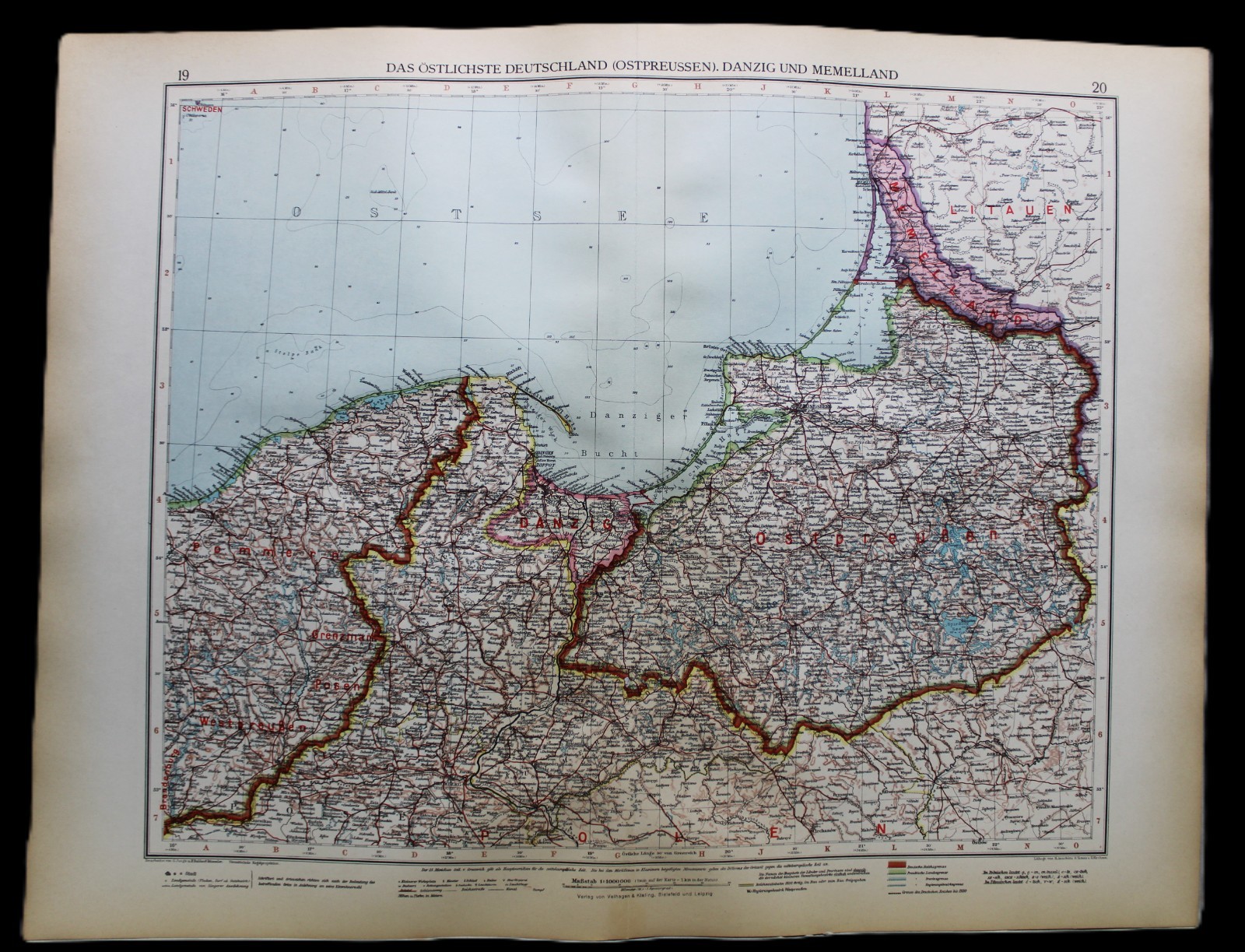 ANDREES HAND ATLAS MAP PLATE PAGE NO 19-20 EAST PRUSSIA GERMANY 1937 VINTAGE
