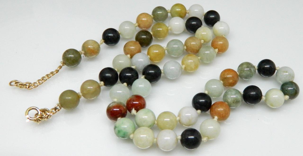 Estate Chinese Multi-Color Jade Bead 14K Yellow Gold 21″ Necklace BEAUTIFUL