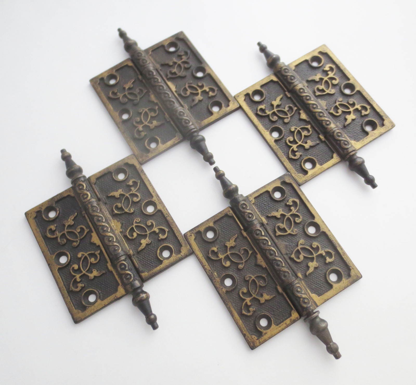 Set of 4 Antique Cast Iron Victorian Steeple Door Hinges 4″ X 4″ Fancy Gold Trim
