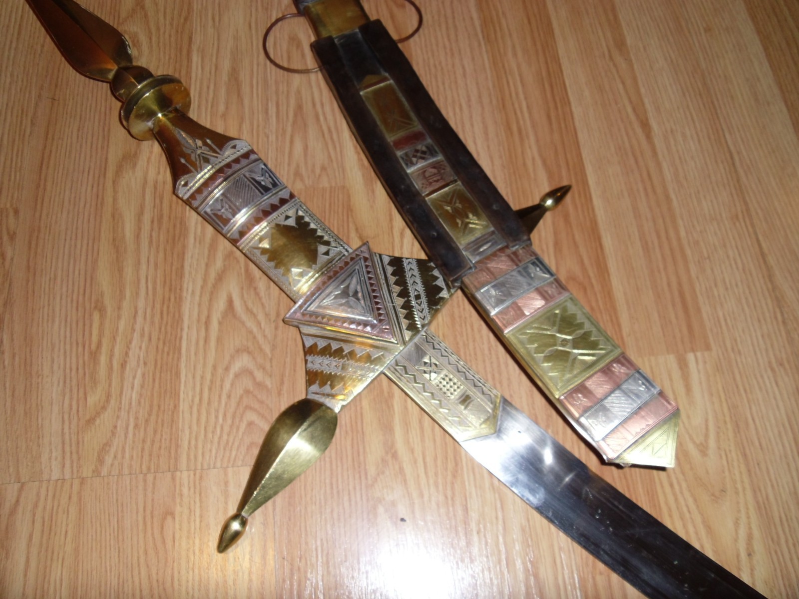 Antique SOLID brass 48 x 18 hand engraved silver copper leather Ceremonial sword