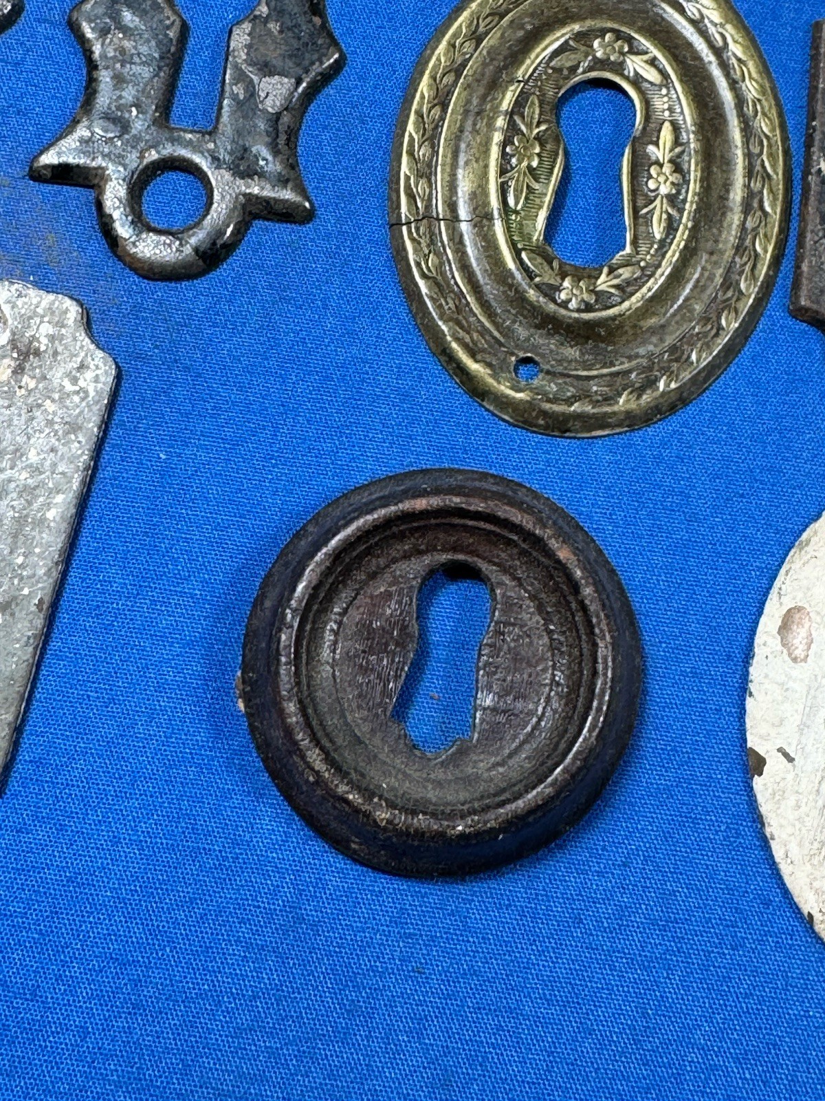12 Old Keyhole Escutcheons ~ Brass, Iron, Steel Antique & Vintage Door Hardware