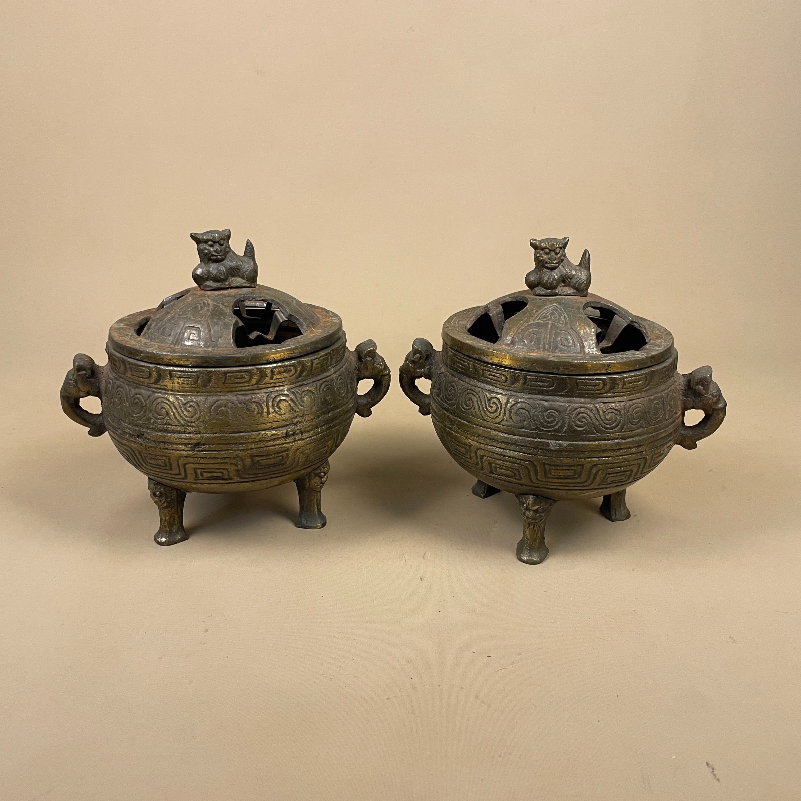 Chinese Bronze Incense Burner Pair Vintage Brass Pot Censer Lid Foo Dog Tripod