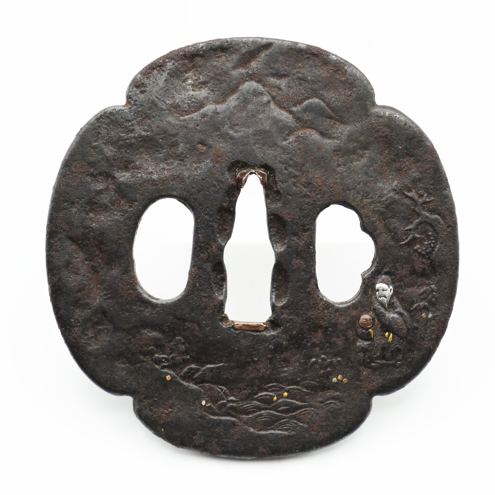 Tsuba Aizu Shoami school Japanese Antique Sword Fitting Samurai Katana Wakizashi