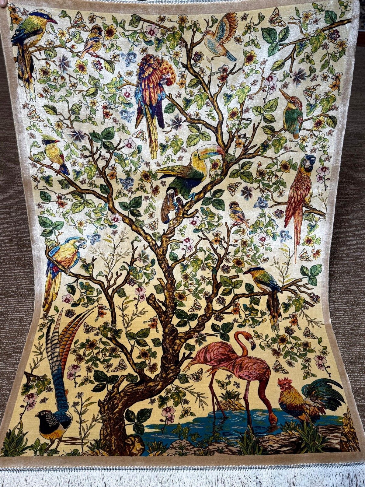 Silk Rug 3 x 5 feet White Beautiful Tree of Life Design High End Quality
