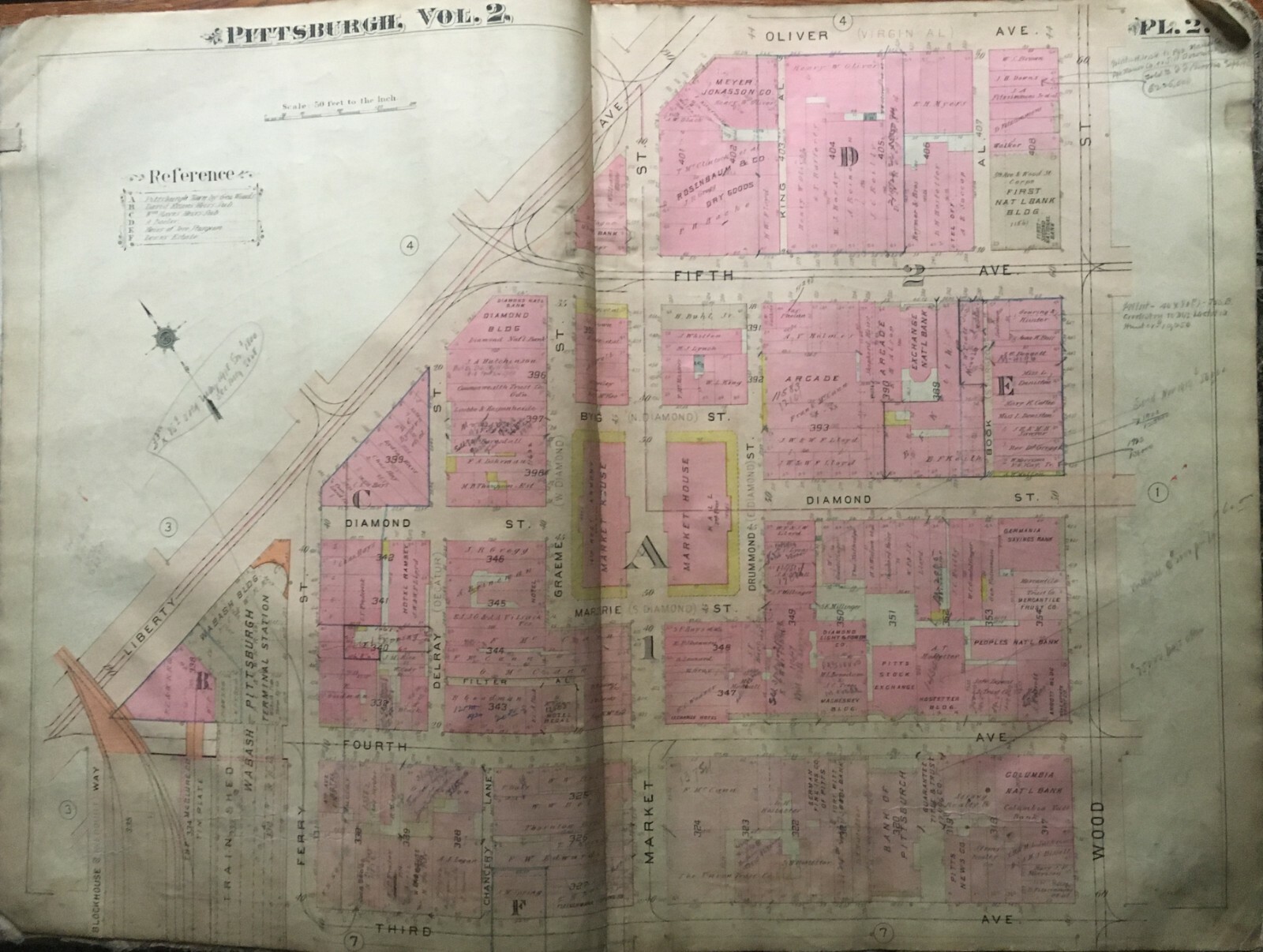 1914 DOWNTOWN PITTSBURGH PA 3RD AV-OLIVER AV & LIBERTY AV-WOOD ST ATLAS MAP